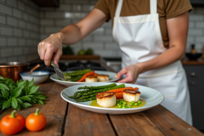 Femme en tablier blanc dressant coquilles SaintJacques avec légumes