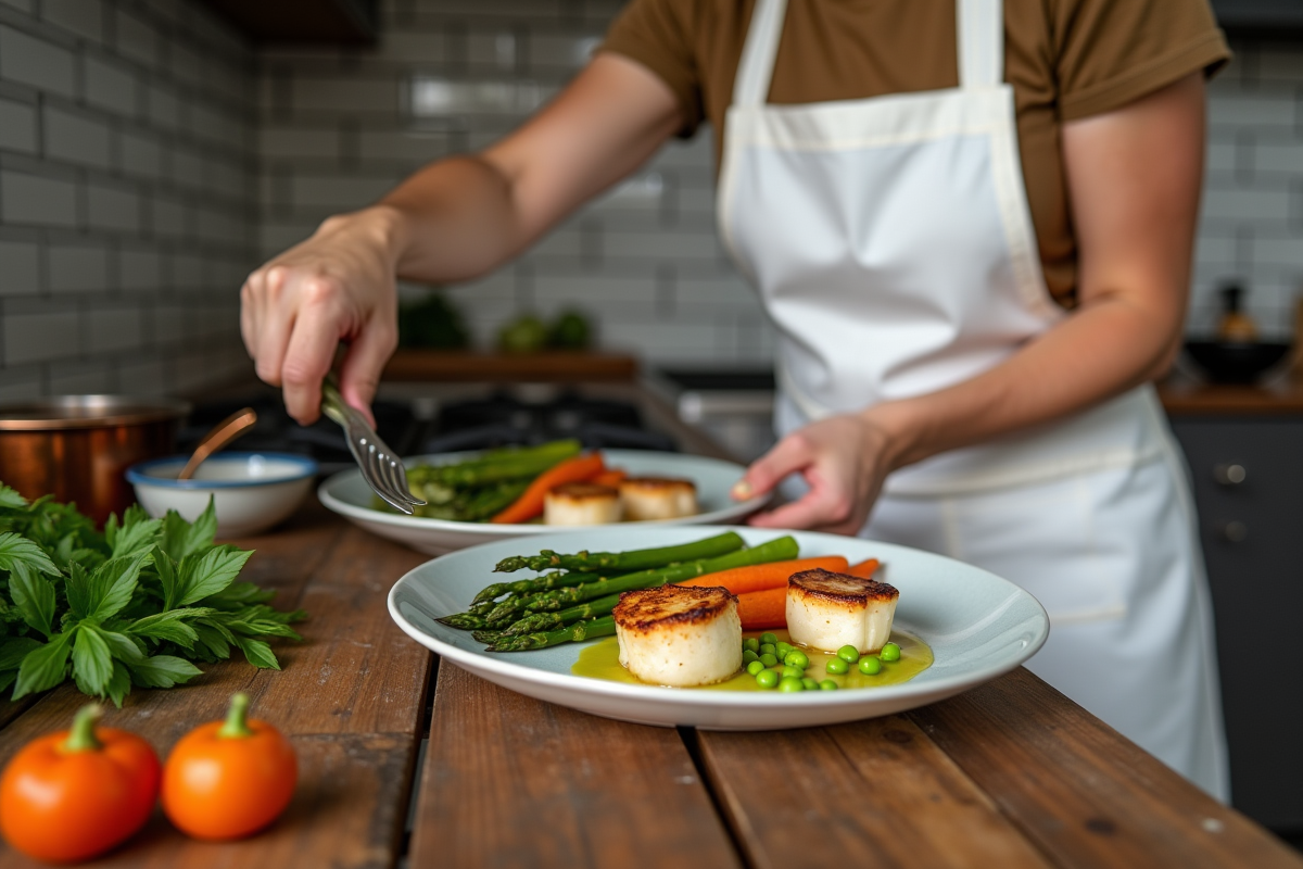 Femme en tablier blanc dressant coquilles SaintJacques avec légumes