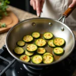 Femme faisant revenir des rondelles de courgettes dorées à la poêle en acier inoxydable sur une cuisinière à gaz