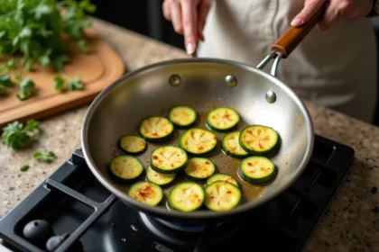 Femme faisant revenir des rondelles de courgettes dorées à la poêle en acier inoxydable sur une cuisinière à gaz