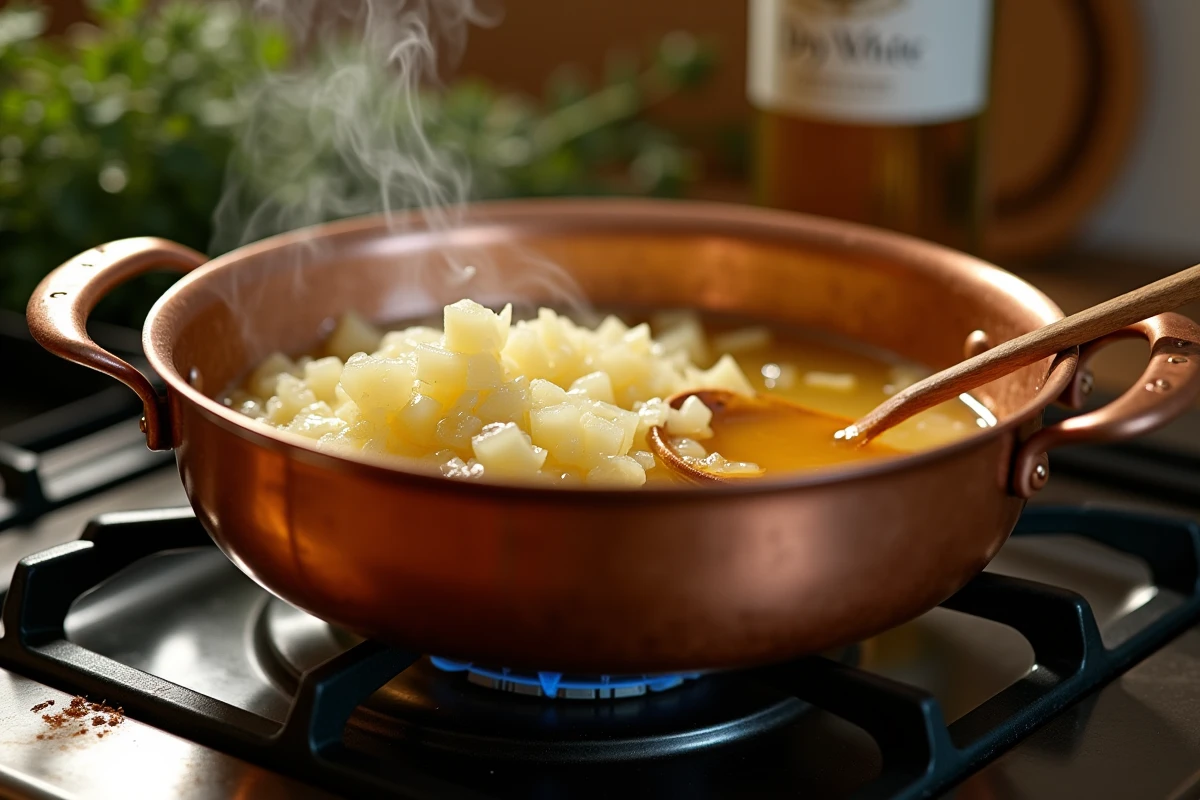 Échalotes caramélisant dans du beurre dans une casserole en cuivre sur un feu de gaz avec une cuillère en bois