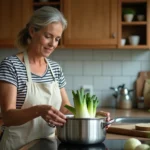 Femme en tablier plaçant des endives entières dans une cocotte minute sur une cuisinière moderne