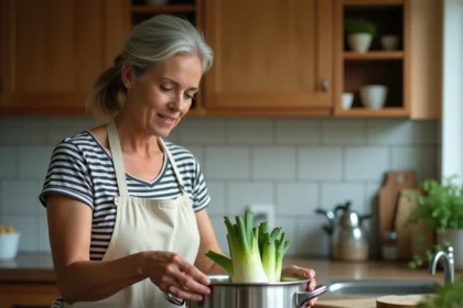 Femme en tablier plaçant des endives entières dans une cocotte minute sur une cuisinière moderne