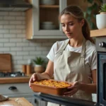 Femme plaçant un gratin dans un four à 200 degrés avec thermostat bien réglé