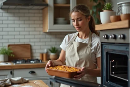 Femme plaçant un gratin dans un four à 200 degrés avec thermostat bien réglé