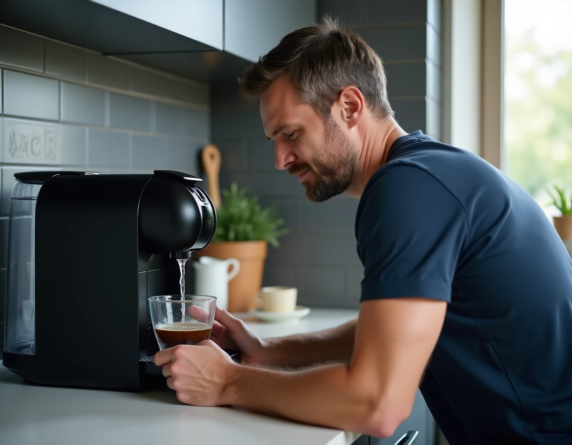 Homme effectuant un cycle de détartrage sur une machine Tassimo Bosch sans pastille dans une cuisine moderne