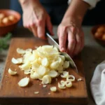 Mains de chef découpant des échalotes en fines tranches sur une planche en bois rustique avec un couteau de cuisine