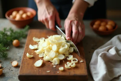 Mains de chef découpant des échalotes en fines tranches sur une planche en bois rustique avec un couteau de cuisine
