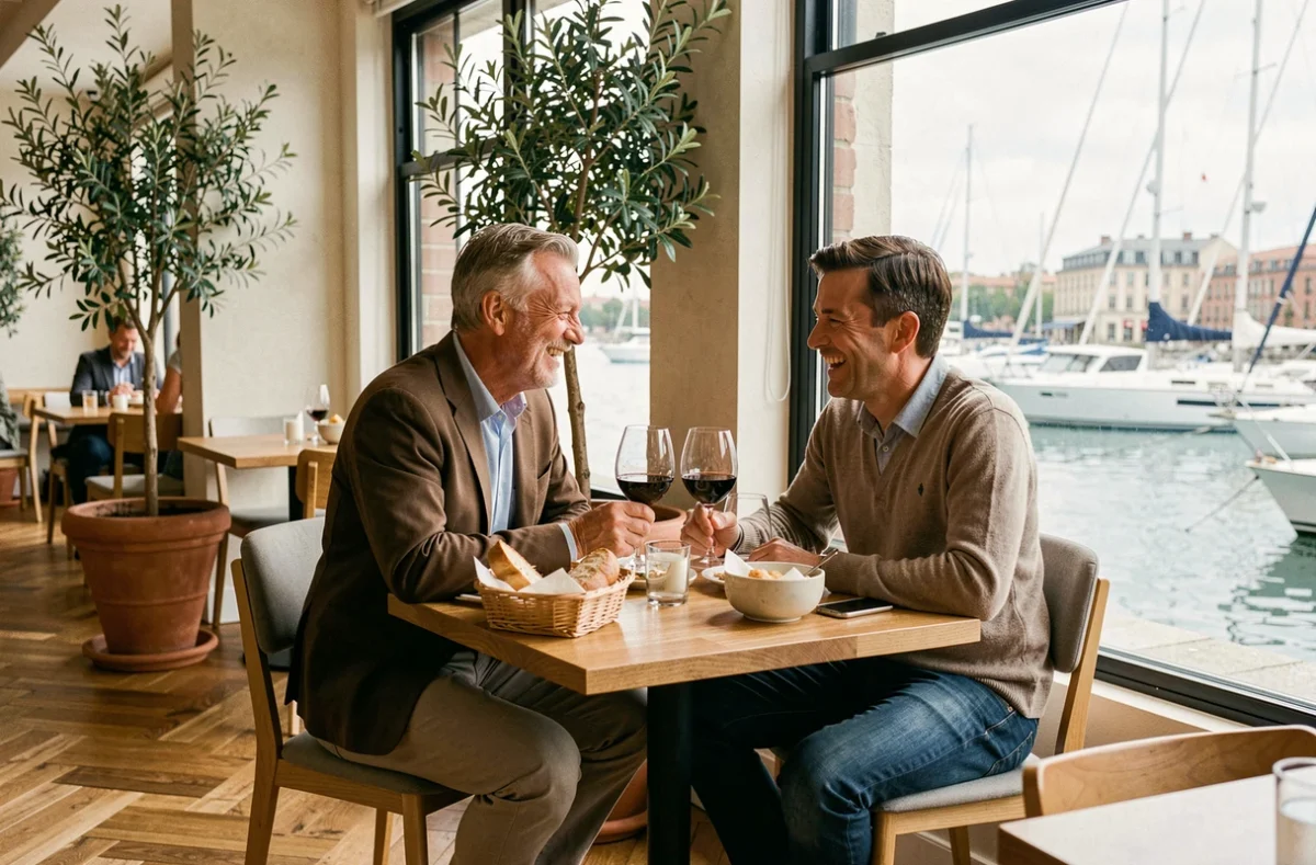 Couple déjeunant au restaurant bistronomique du Lac de Bordeaux avec vue sur le lac et un verre de vin rouge