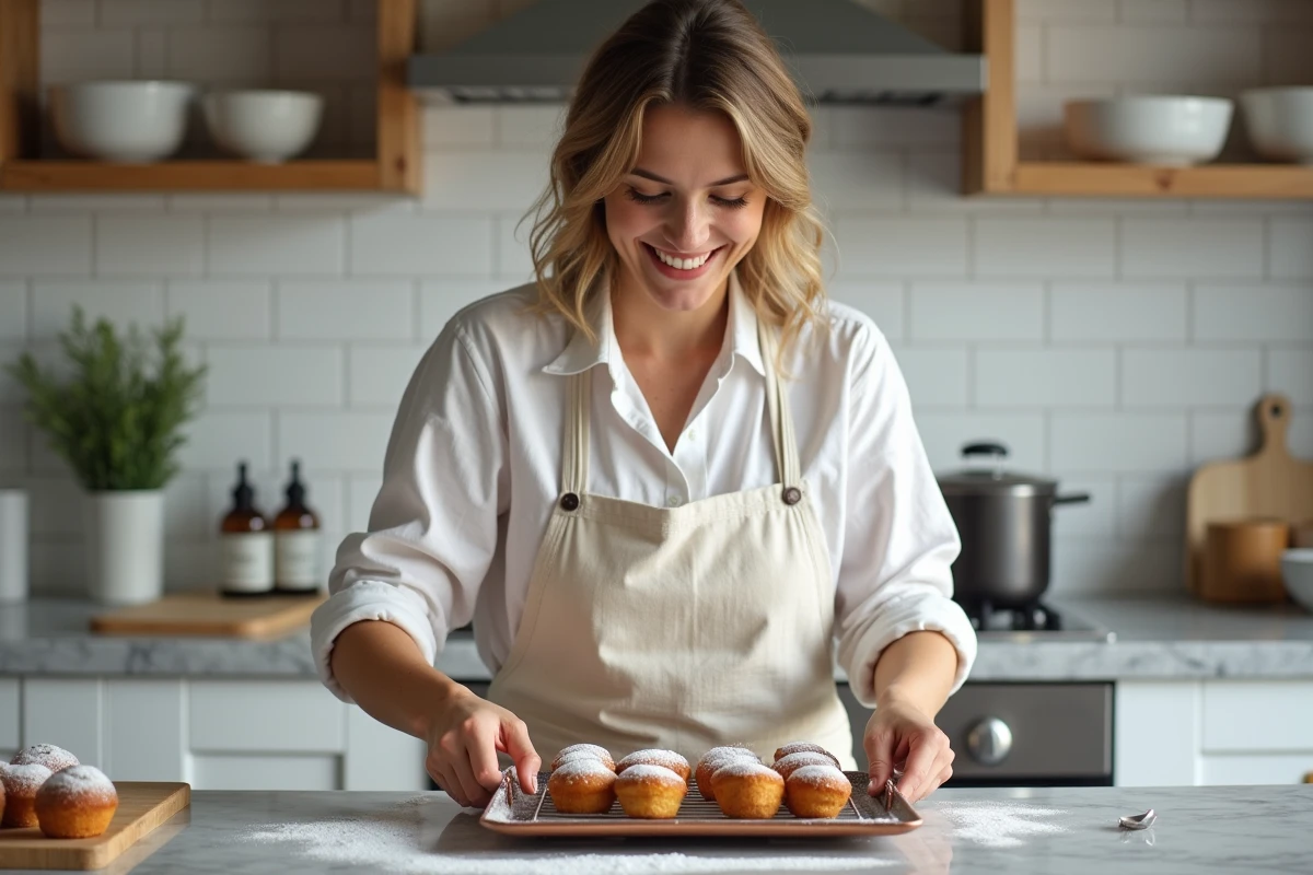 Femme en tablier démoulant des canelés chauds dans des moules en cuivre sur un plan de travail en marbre blanc