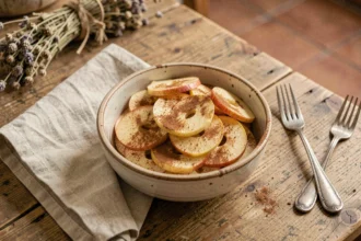 Bol en céramique rustique avec des tranches de pommes cuites à la cannelle sur une table en chêne, accompagné de deux petites fourchettes vintage