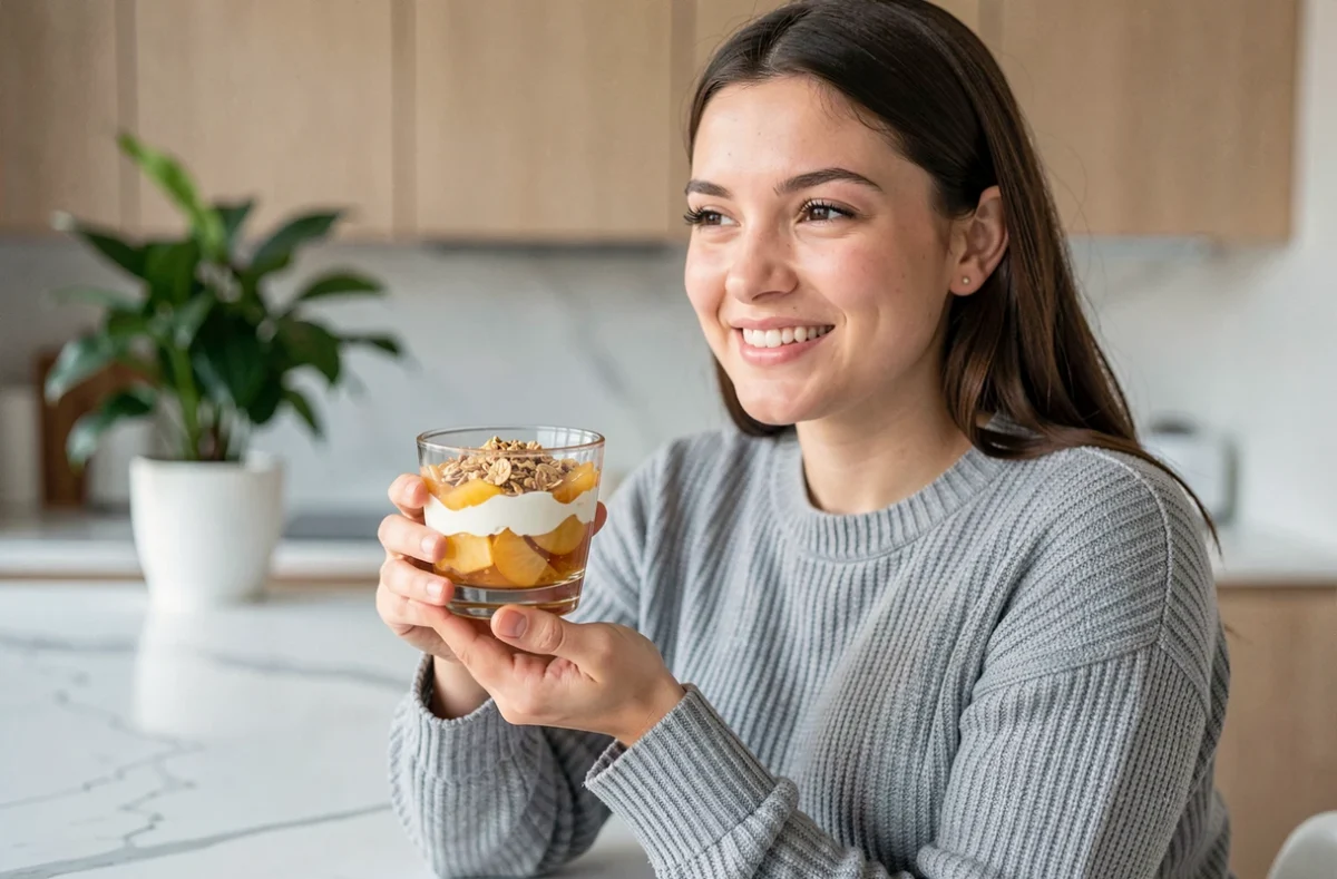 Jeune femme tenant une verrine de compote de pommes avec yaourt grec et granola dans une cuisine moderne minimaliste
