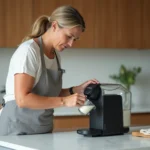 Femme détartrant sa machine à café Tassimo Bosch avec du vinaigre blanc dans une cuisine moderne