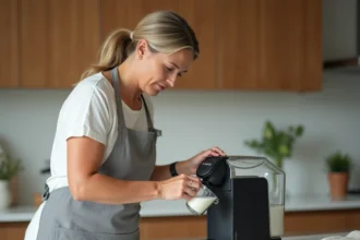 Femme détartrant sa machine à café Tassimo Bosch avec du vinaigre blanc dans une cuisine moderne