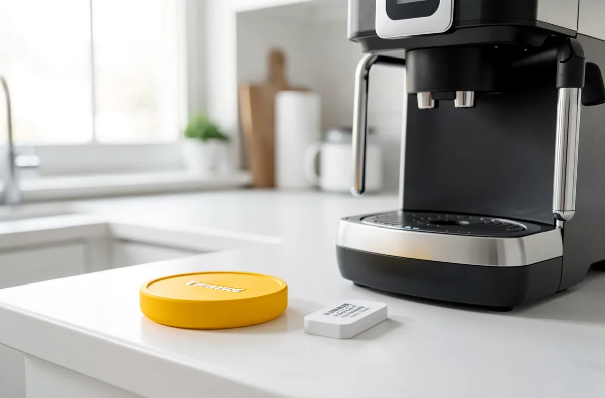 Disque de service jaune et pastille détartrante près d'une machine à capsules