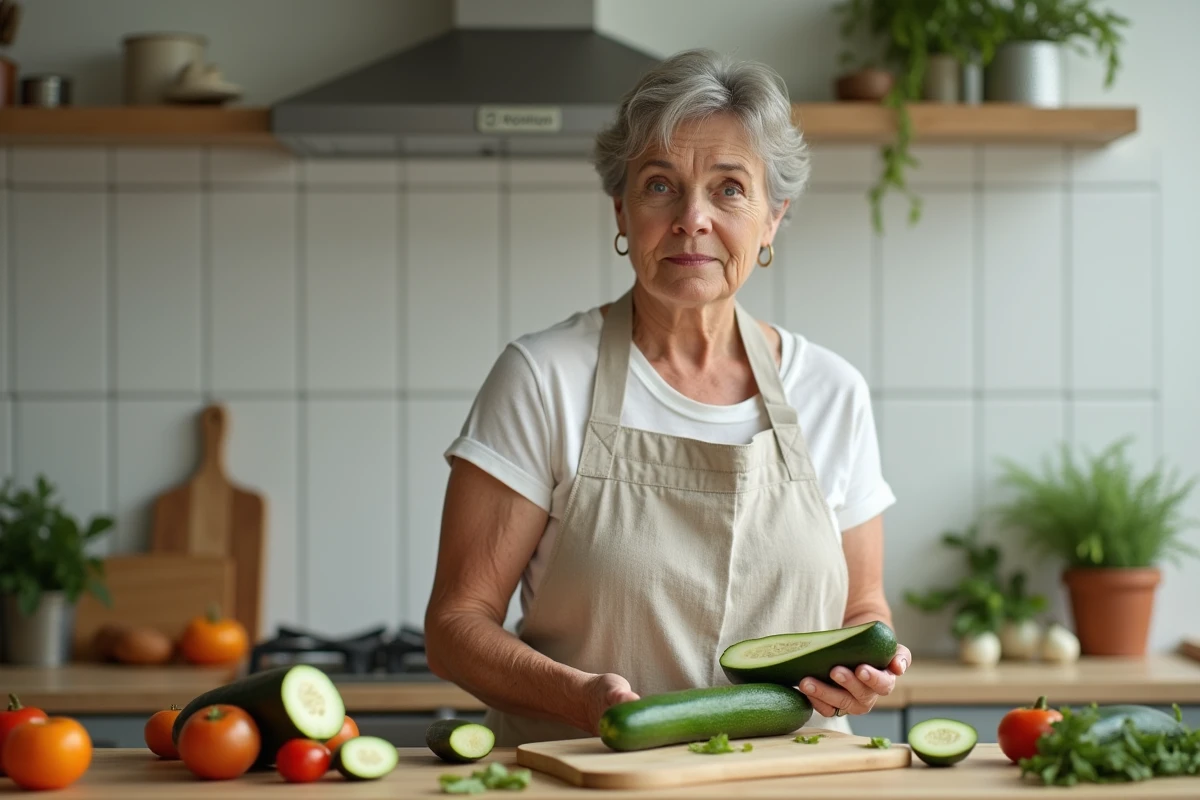 Femme tenant une courgette et un concombre coupés en deux dans une cuisine, comparant leur chair et leurs graines pour les distinguer
