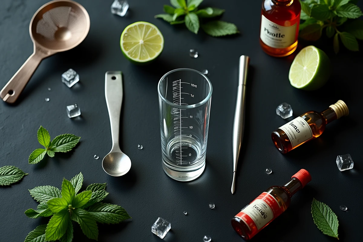 Vue de dessus d'un jigger gradué 10ml et d'accessoires de bar pour doser les ingrédients d'un cocktail maison