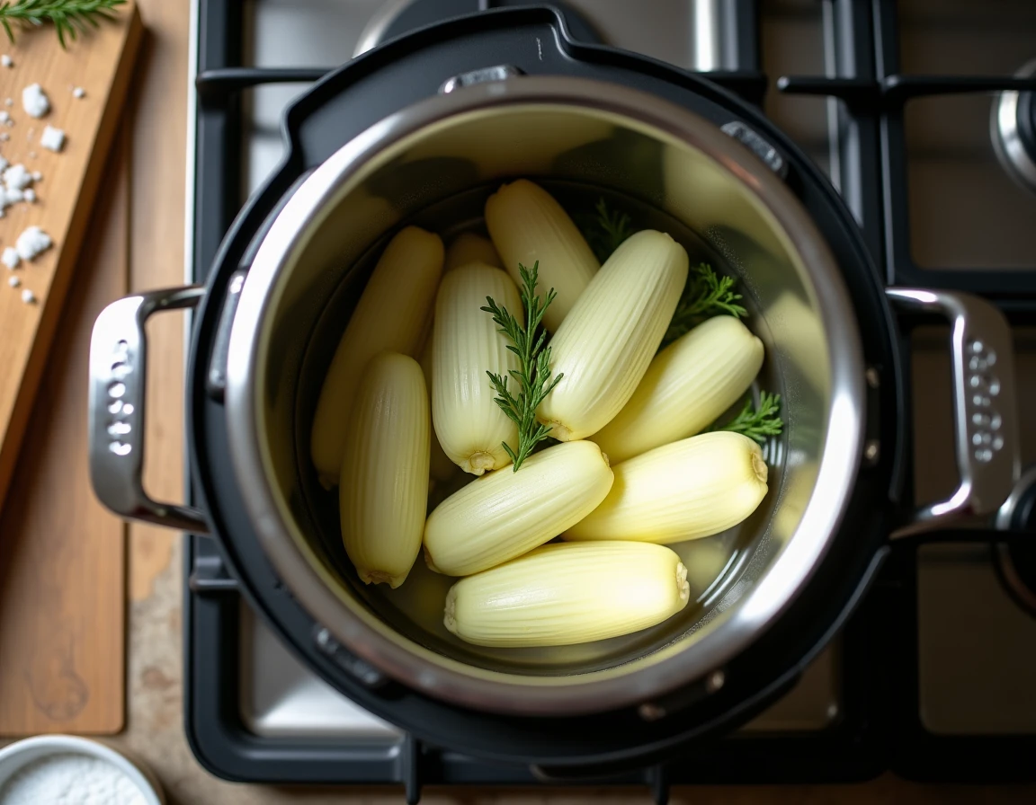 Gros plan sur une cocotte minute fermée avec des endives et du thym prêtes à cuire