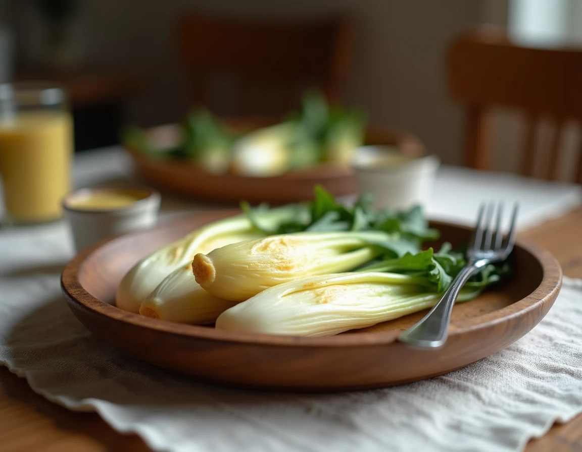 Assiette d'endives fondantes cuites à la cocotte minute servies sur une table en bois rustique