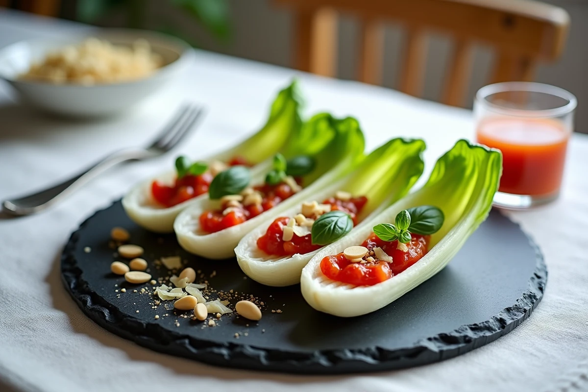 Assiette végétarienne d'endives cuites à la vapeur sur ardoise avec coulis de tomate basilic, pignons et parmesan