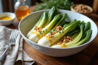 Endives vapeur végétariennes dans un bol en céramique avec sauce moutarde et miel, garnies de noix et thym frais sur table en bois rustique