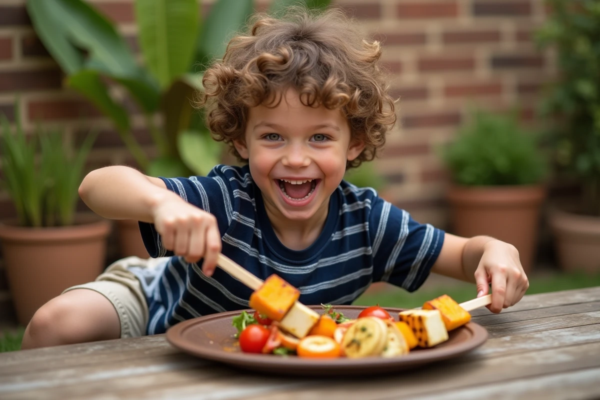 Garçon souriant qui attrape une brochette de légumes grillés et de fromage halloumi lors d'un barbecue en famille dans un jardin résidentiel