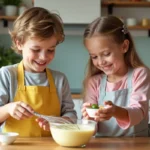 Enfants en cuisine préparant de la mayonnaise ensemble