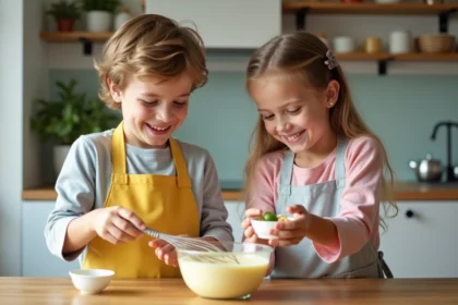 Enfants en cuisine préparant de la mayonnaise ensemble