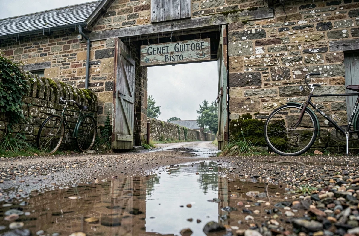 Entrée d'une guinguette à la ferme sous la pluie avec des flaques d'eau sur le chemin de gravier