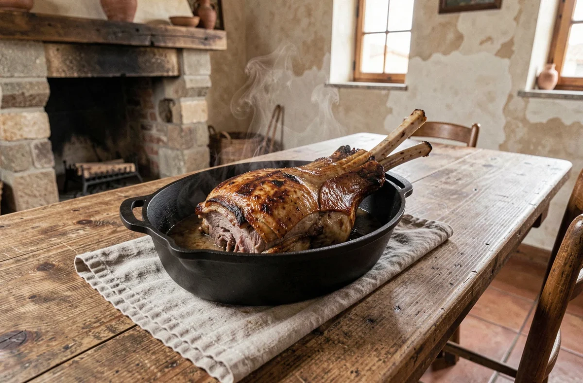 Épaule d'agneau confite basse température tombant de l'os dans une cocotte en fonte noire sur une table en bois rustique dans une salle à manger provençale