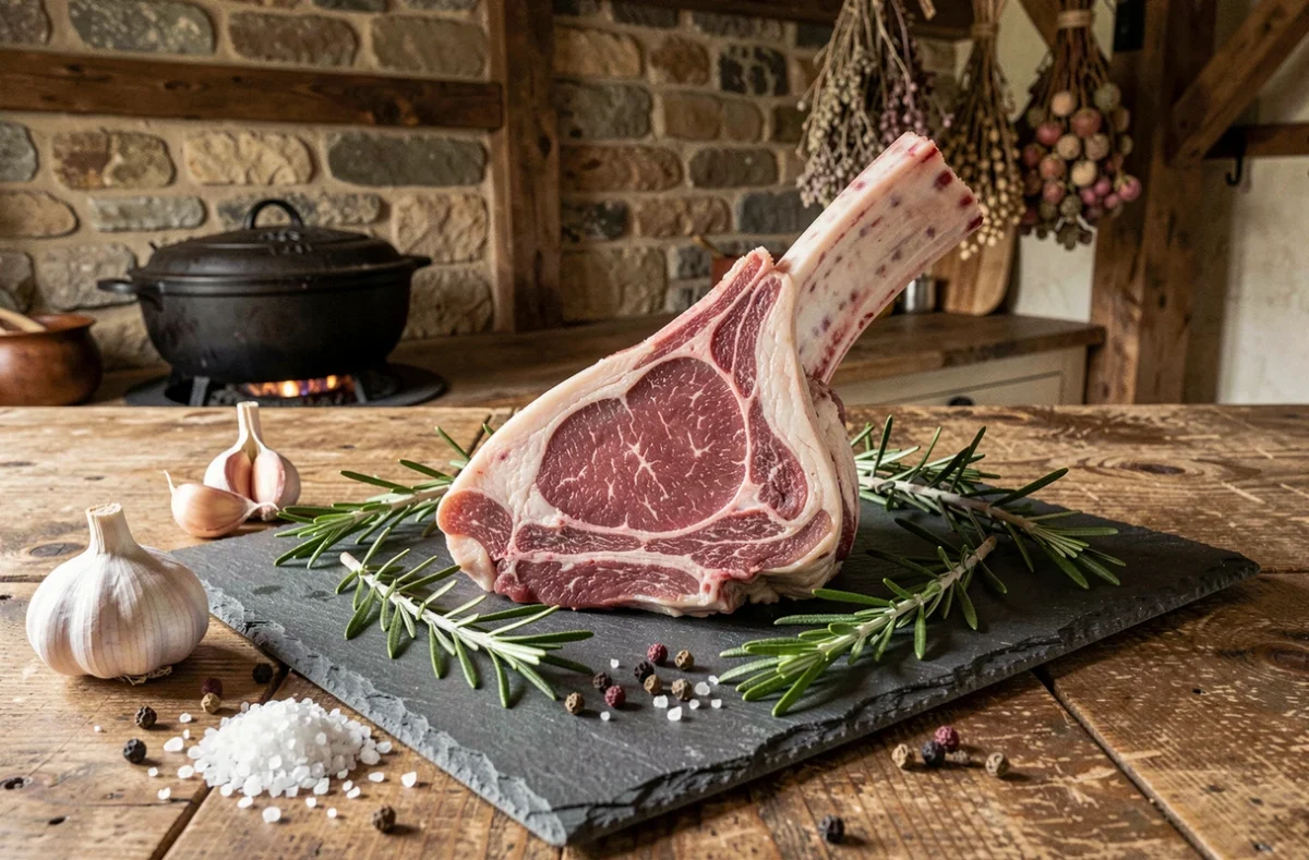 Épaule d'agneau crue avec os sur ardoise entourée de romarin, ail et sel de mer, dans une cuisine rustique en pierre de campagne française