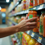 Mains choisissant des conserves de légumes en rayon