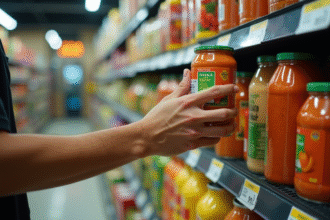 Mains choisissant des conserves de légumes en rayon