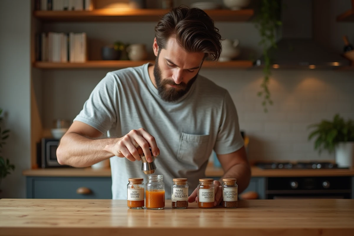 Jeune homme remplissant des bocaux d