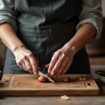 Femme épluchant des châtaignes avec un couteau sur une planche en bois dans une cuisine rustique