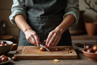 Femme épluchant des châtaignes avec un couteau sur une planche en bois dans une cuisine rustique