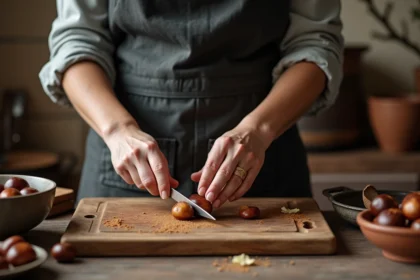 Femme épluchant des châtaignes avec un couteau sur une planche en bois dans une cuisine rustique