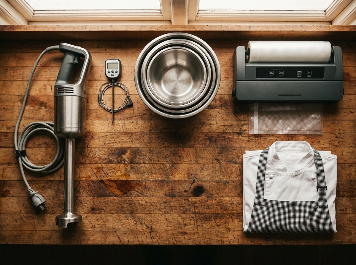 Vue aérienne des équipements indispensables du traiteur indépendant disposés sur un établi en bois : mixeur plongeant, thermomètre, bols inox, machine sous vide et tenue de chef