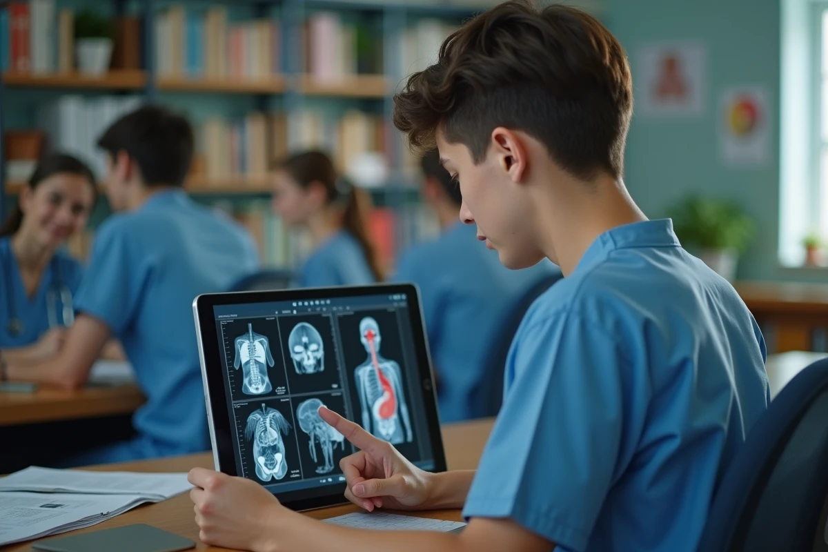 Jeune etudiant medecin en scrubs etudie diagrammes anatomiques