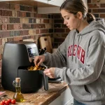 Étudiante préparant des légumes rôtis dans une airfryer Philips dans une petite cuisine de studio universitaire