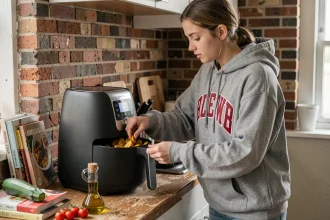 Étudiante préparant des légumes rôtis dans une airfryer Philips dans une petite cuisine de studio universitaire