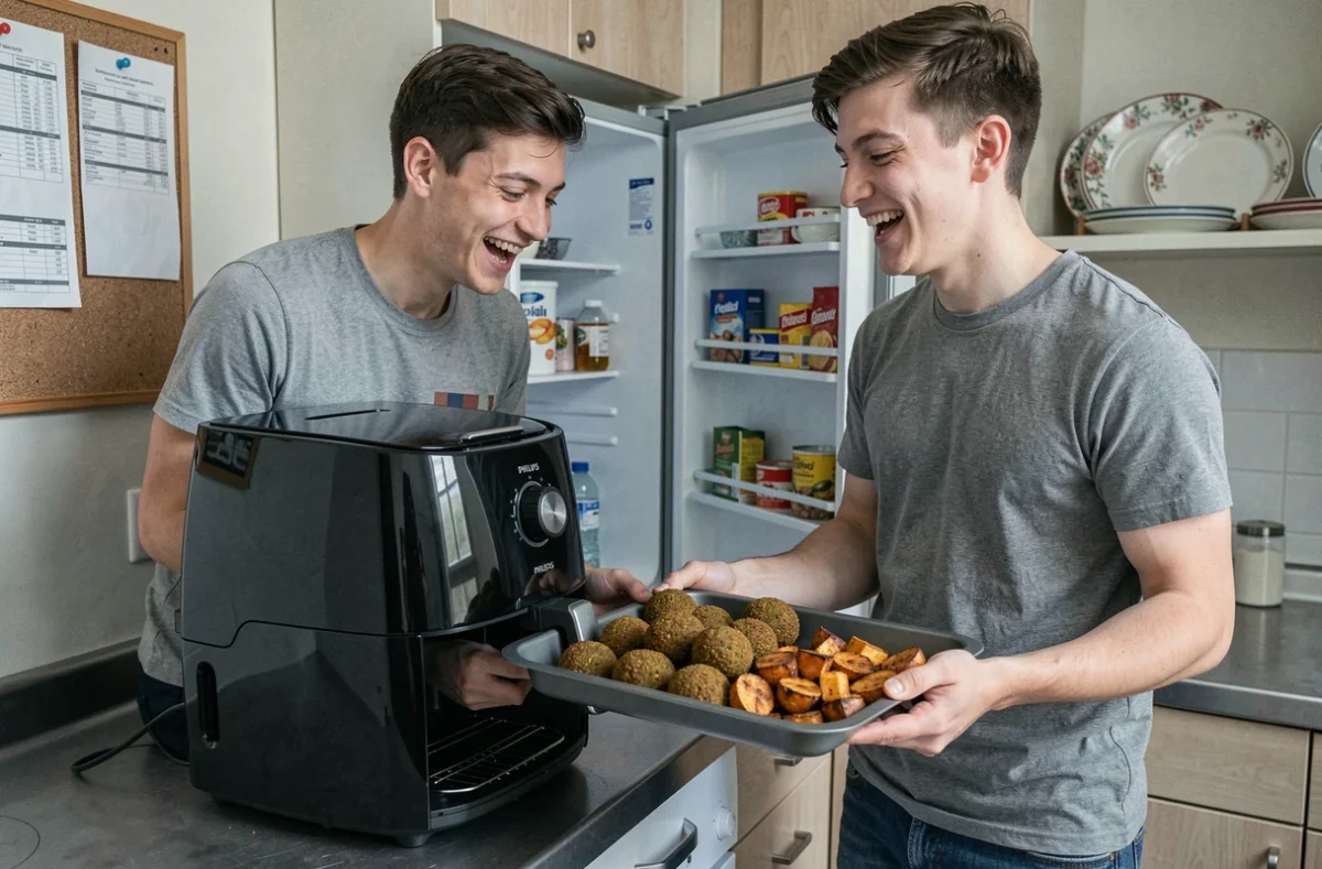 Deux étudiants cuisinant des repas économiques avec une airfryer Philips dans une cuisine partagée de colocation