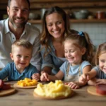 Famille heureuse autour d une table avec boudin noir et purée