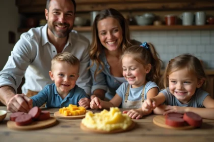 Famille heureuse autour d une table avec boudin noir et purée