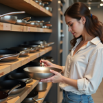 Femme examine différents poêles en cuisine moderne
