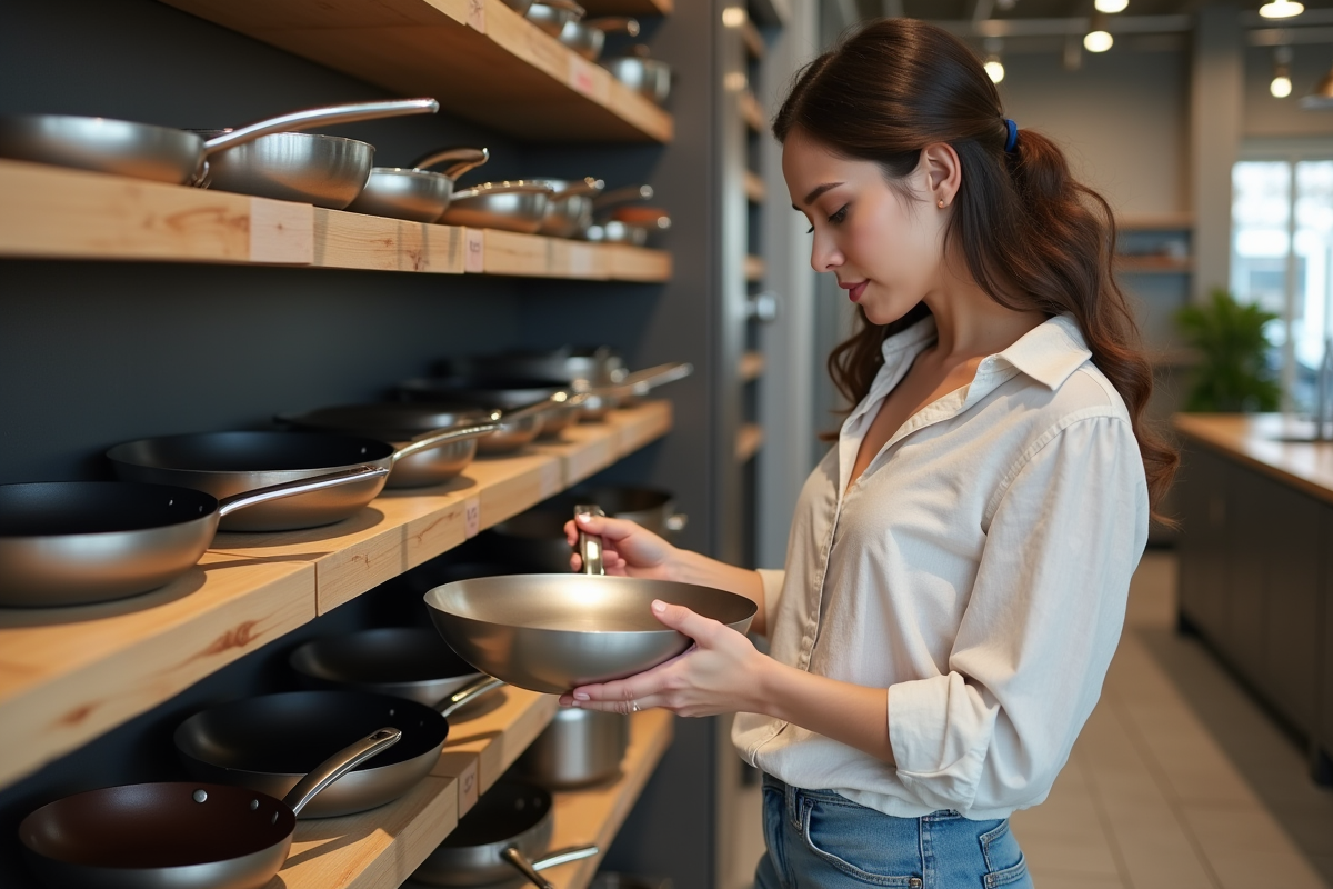 Femme examine différents poêles en cuisine moderne