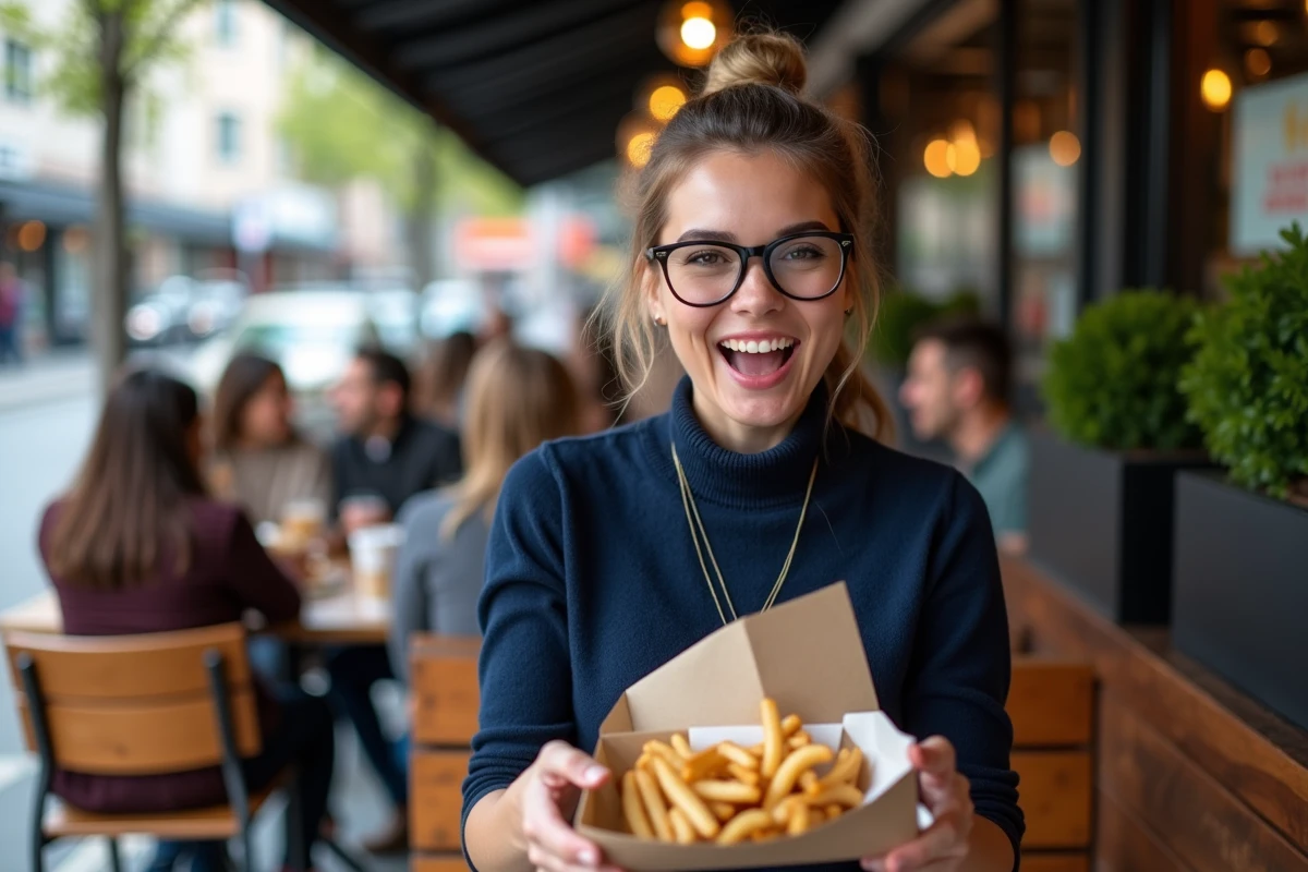 Femme heureuse avec amis autour d un repas en plein air