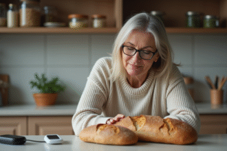 Femme examine pain artisanal dans une cuisine moderne