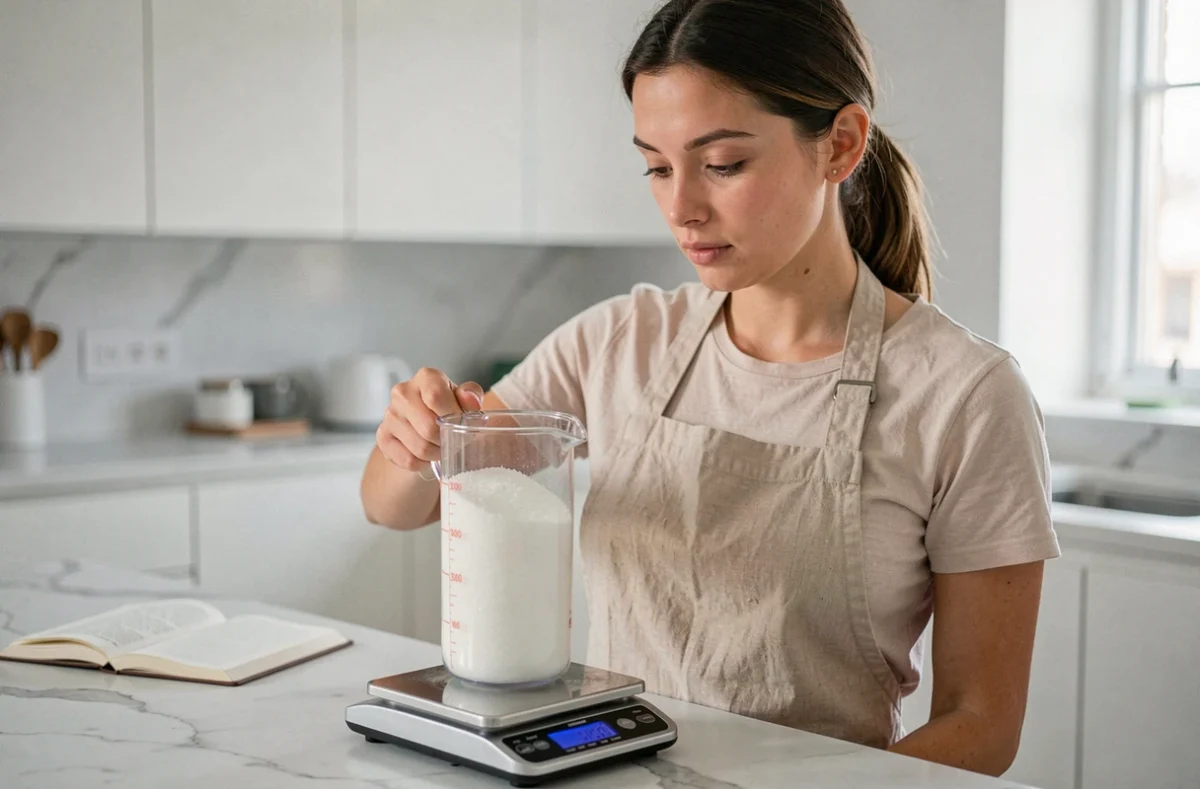 Femme mesurant une tasse de sucre sur une balance numérique affichant les grammes dans une cuisine moderne