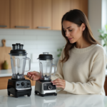 Femme compare deux blenders dans une cuisine moderne